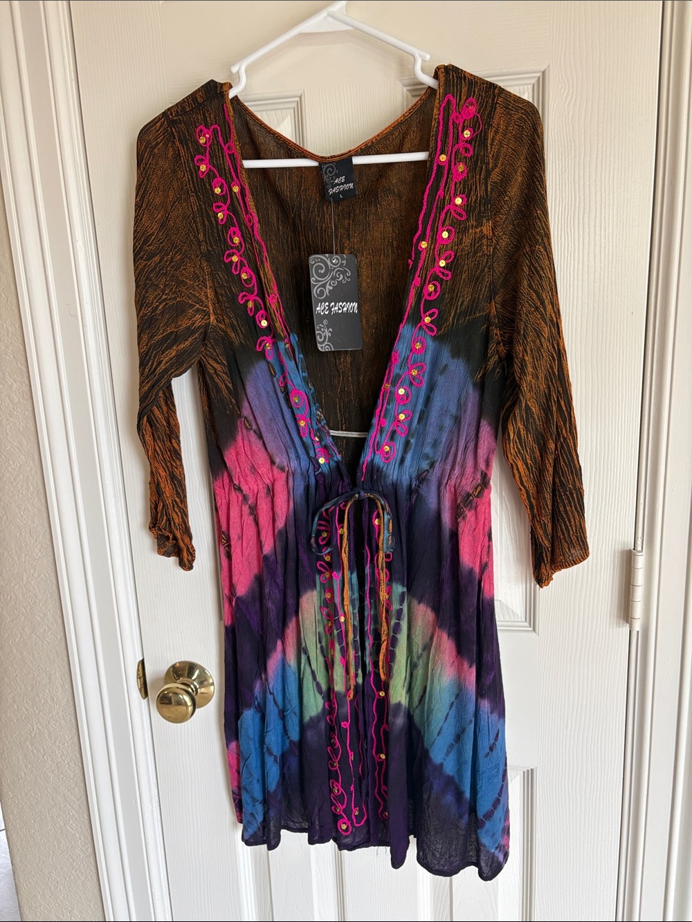Boho Multicolor Tie-Dye V-Neck Swim Cover-Up with Pink Embroidery